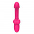 Розовый изогнутый вибромассажёр с имитацией мошонки - 20,4 см.
